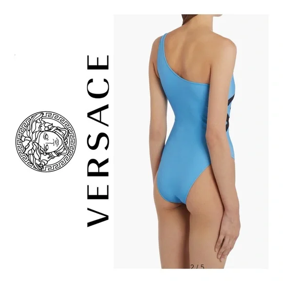 NWOT VERSACE GRECA LOGO ONE SHOULDER ONE-PIECE SWIMSUIT IN GNAWED BLUE - Picture 3 of 11